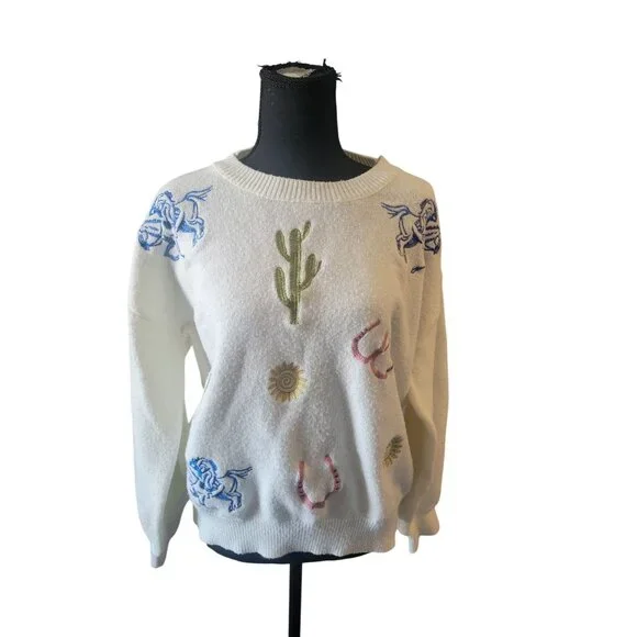 Blue B Women's Embroidered Conversation Print Sweaterwhite knit western-themed - Picture 2 of 12